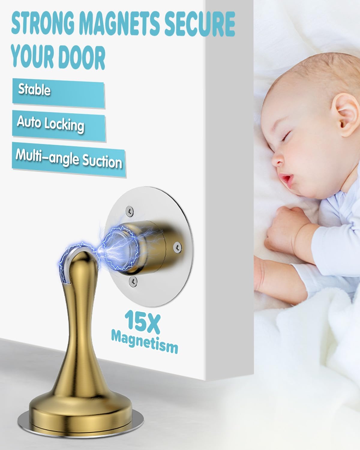 Door Stoppers Magnetic Door Catch - 2 Pack Stainless Steel Heavy Duty Door Stops for Bottom of Door, Wall & Floor Mounting No-Drill Strong Adhesive & Screws, Strong Door Holder to Keep Door Open,Gold