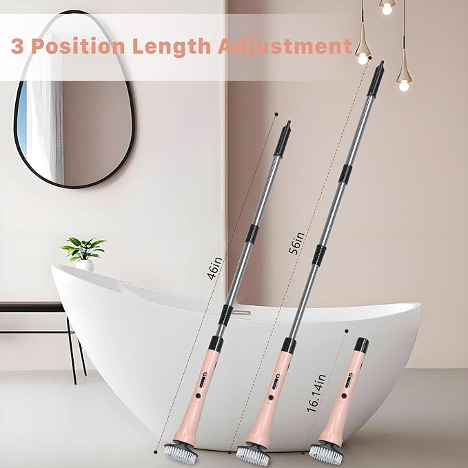 Electric Spin Scrubber, Hillyfe Bath Scrubber for Cleaning with 7 Replaceable Brush Heads, IPX7 Waterproof,300/400 RPM, 3 Adjustable Size,Cordless Shower Cleaner Brush for Bathroom Floor,Pink