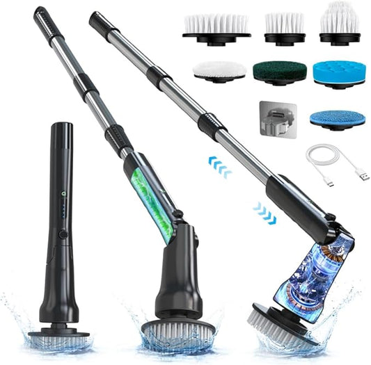 Electric Spin Scrubber, Hillyfe Bath Scrubber for Cleaning with 7 Replaceable Brush Heads, IPX7 Waterproof,300/400 RPM, 3 Adjustable Size,Cordless Shower Cleaner Brush for Bathroom Floor,Black