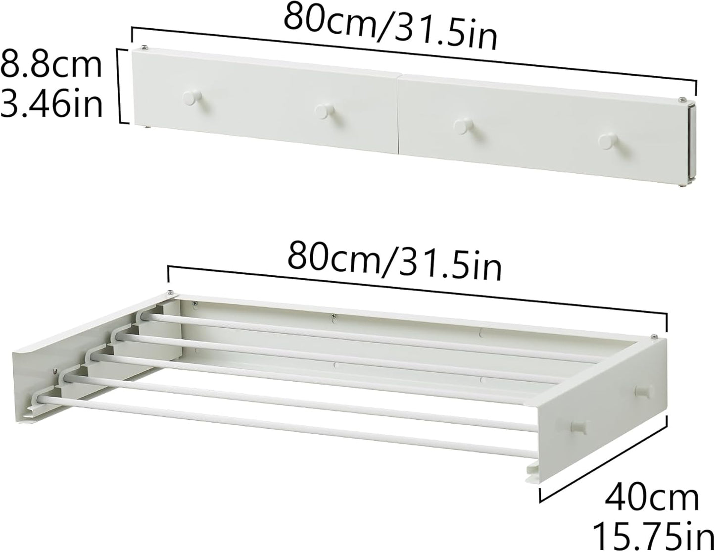 Clothes Drying Rack,Laundry Hanging Rack Collapsible,Wall Mounted Drying Rack for Laundry,Foldable Drying Rack Indoor Outdoor,31.5" Wide,5 Aluminum Rods with Hooks, 60 lb Capacity (White 31.5" Hooks)