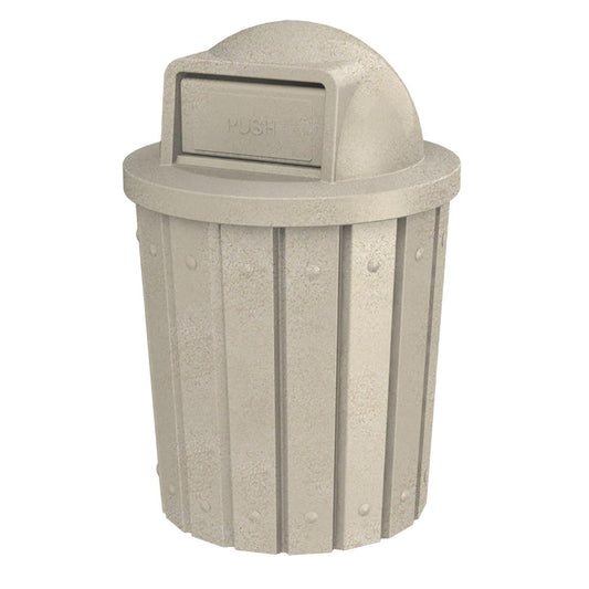 42 Gallon Slated Circle 100% Recycled Plastic Commercial Outdoor or Indoor Trash Can with Push Open Dome Lid and Internal Liner | Great for Schools and Businesses - Beige Granite