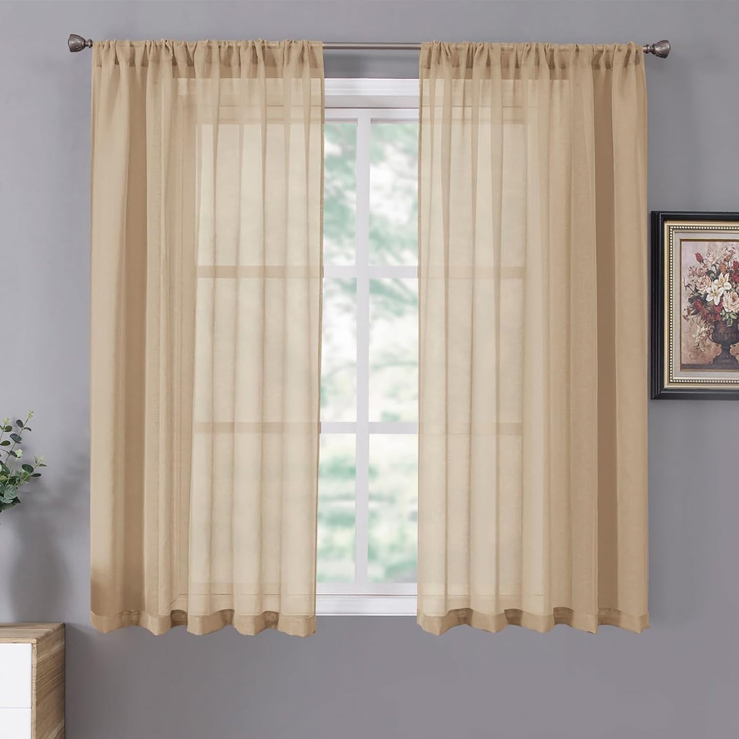 Tollpiz Short Sheer Curtain Linen Textured Bedroom Curtains Sheer Light Filtering Rod Pocket Voile Curtain for Living Room, 54 x 54 inches Long, Beige, Set of 2 Panels