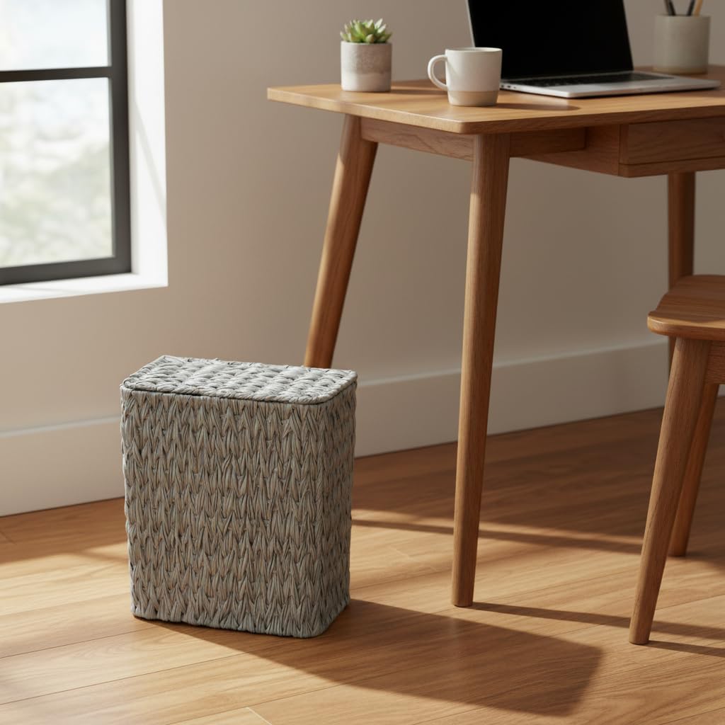 3 Gallon Wicker Trash Can,Grey Bathroom Trash Cans with Lid,Waterproof Slim Waste Basket for Bedroom,Home Office,Narrow Garbage Can with Removable Liner