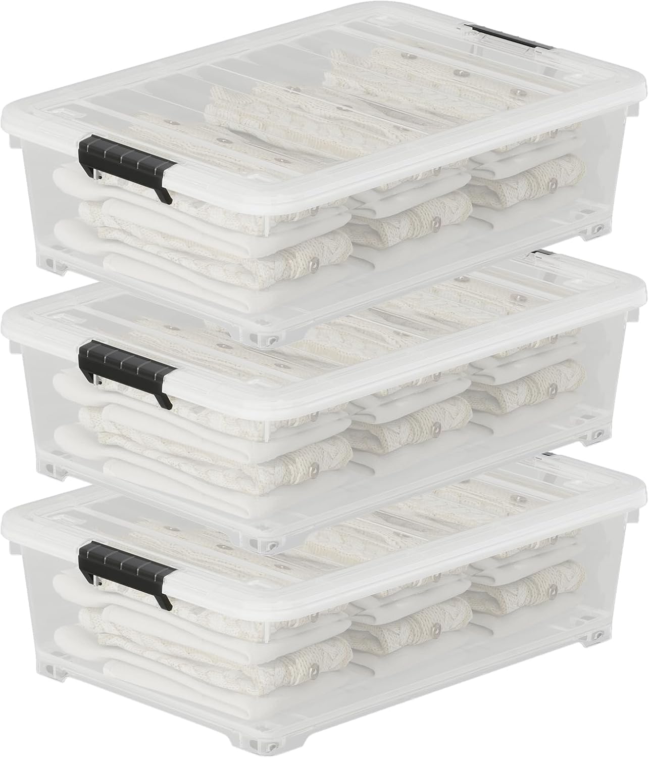 52 Quart Large Plastic Underbed Latching Storage Box, Clear Wheeled Under Bed Storage Bins, 3 Packs