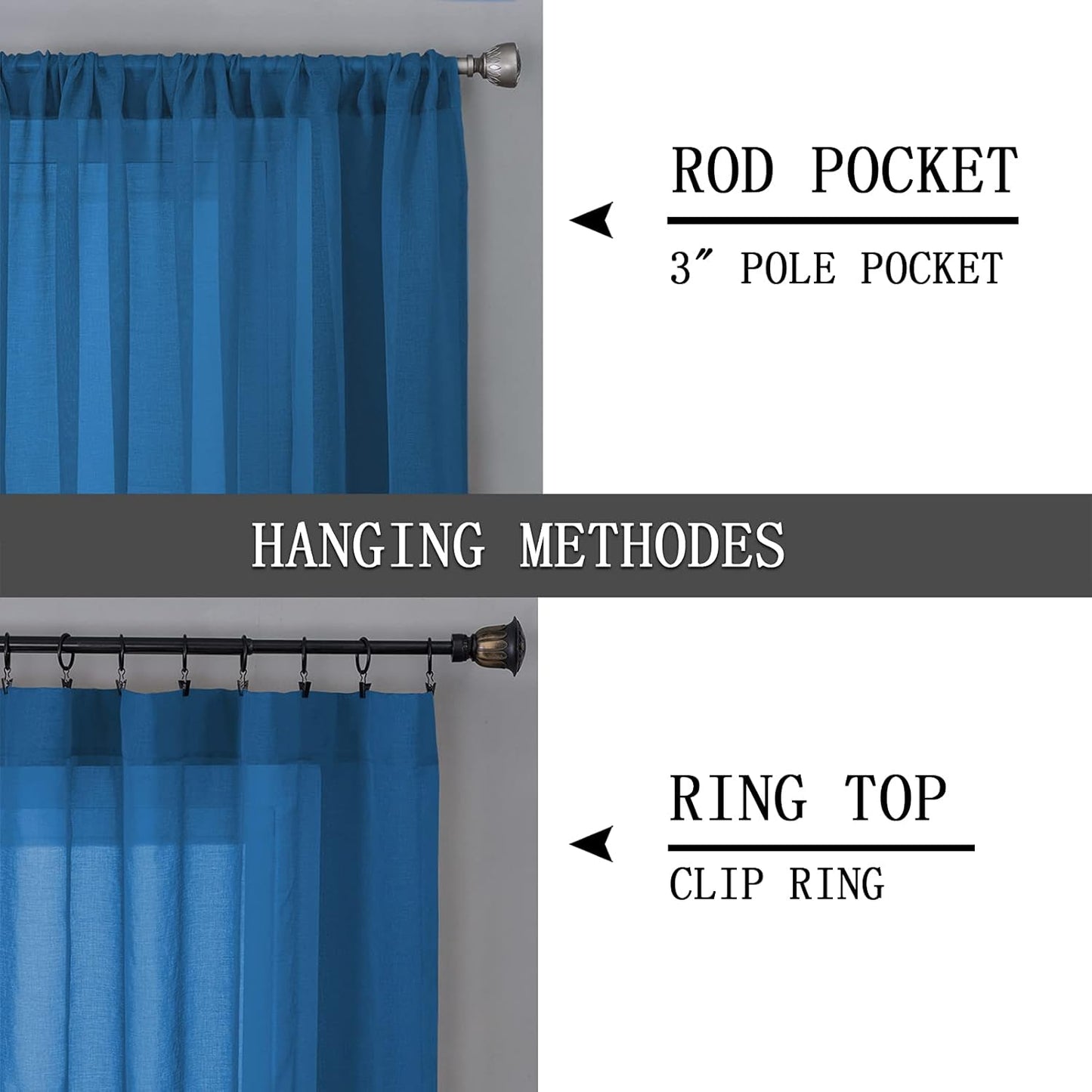 Tollpiz Sheer Curtains Living Room Linen Textured Curtain Sheers Light Filtering Voile Rod Pocket Curtains for Bedroom, 38 x 63 inches Long, Classic Blue, Set of 2 Panels