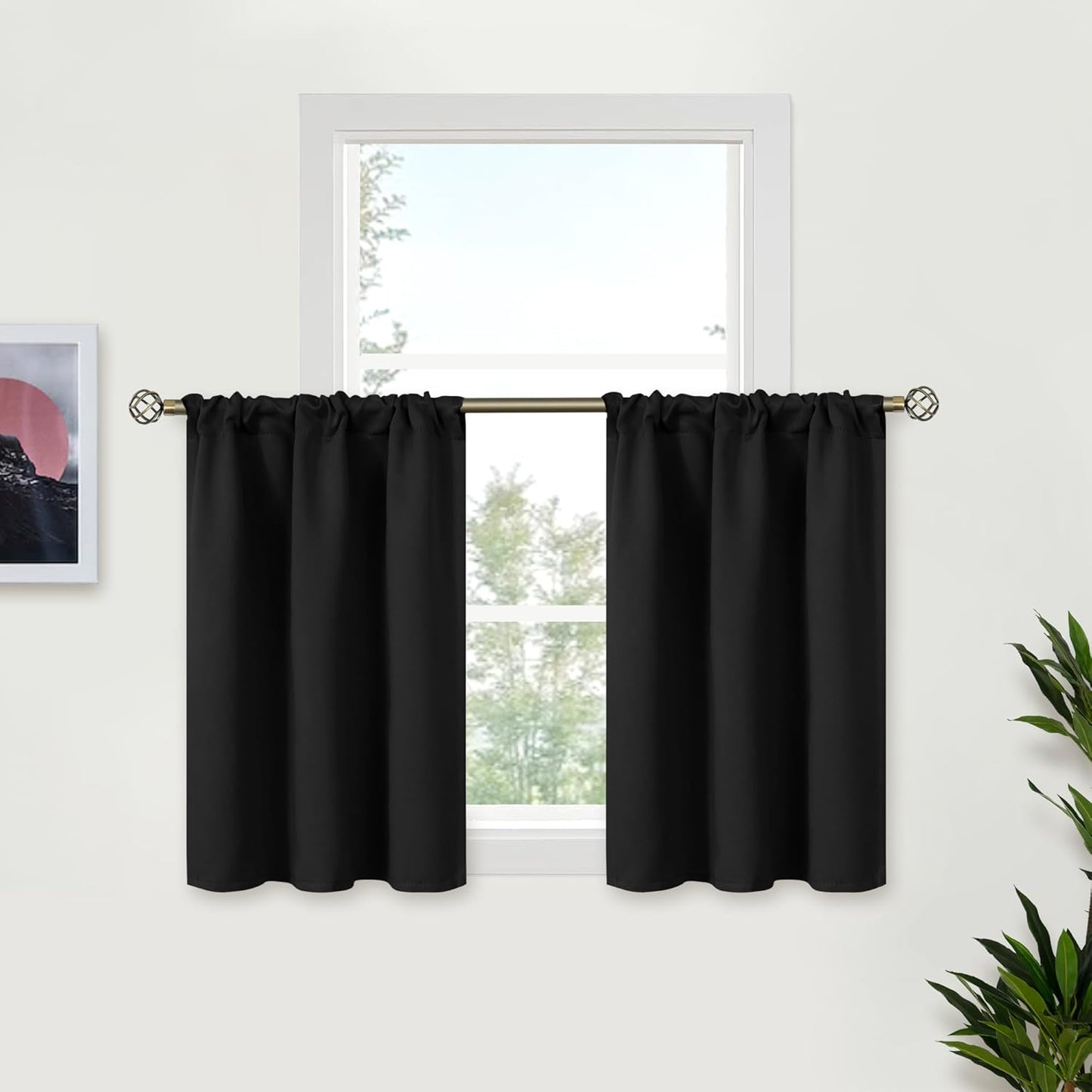 BGment Black Small Curtains 30 Inch Length for Kitchen Cafe Window - Half Window Drapes with Rod Pocket Short Darkening Blinds Privacy for RV Front Door Bathroom, 2 Panels, 29 x 30 Inch