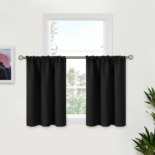 BGment Black Curtains 36 Inches Long for Kithchen Windows Over Sink - Small Drapes Half Window with Rod Pocket Blackout Blinds for Bathroom RV Cafe, 2 Panels, 34 x 36 Inch
