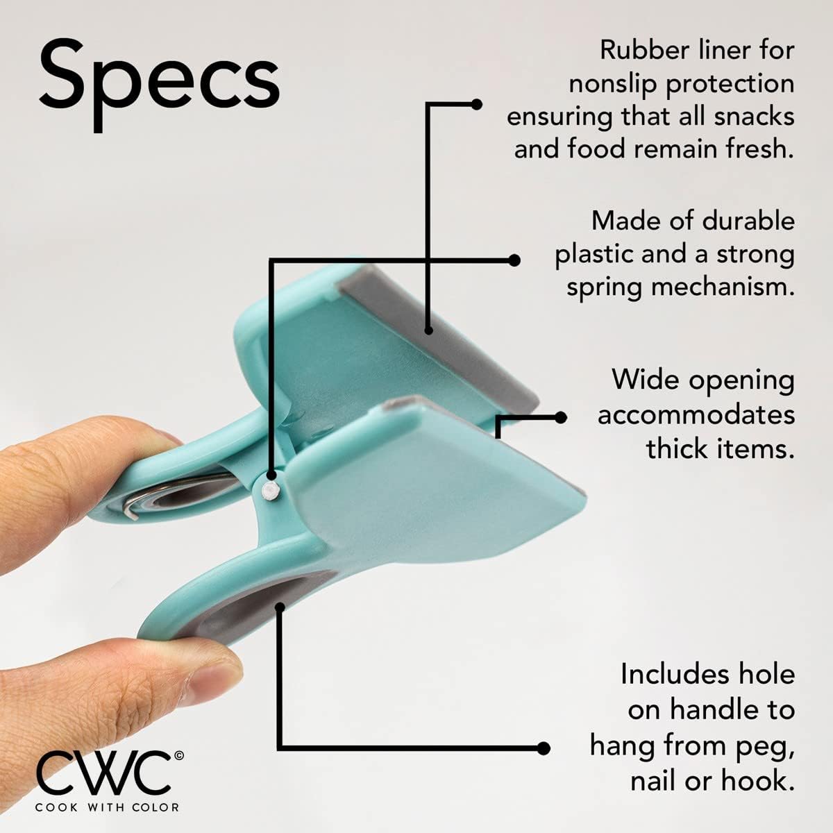 COOK WITH COLOR Bag Clips - Heavy Duty Chip Clip and Refrigerator Magnet Clips for Food Storage with Air Tight Seal Grip, Teal, Pack of 4 Large Clips