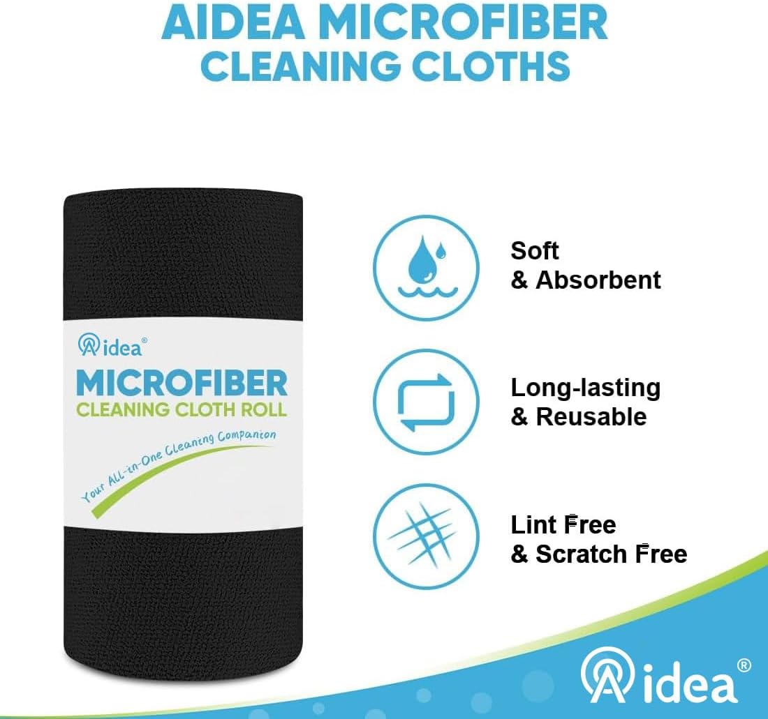 AIDEA Microfiber Cleaning Cloth Roll, 75PK, Black Microfiber Towels for Cars, Reusable Paper Towels Tear Away Cloth, Shop Rags, Lint Free Cleaning Rags for House, Kitchen, Window, 11.5"×11.5"