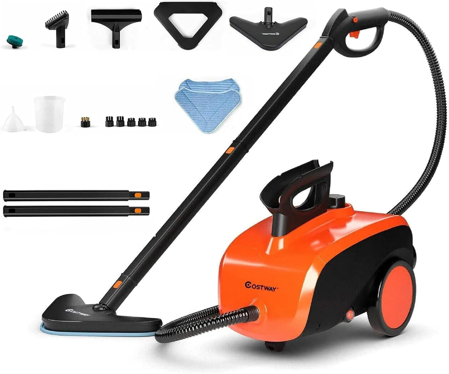 COSTWAY Multipurpose Steam Cleaner with 19 Accessories, Heavy Duty Household Steamer Chemical-Free Cleaning, 1.5L Dual-Tank Rolling Cleaning Machine for Carpet, Floor, Window and Car, Orange+Black