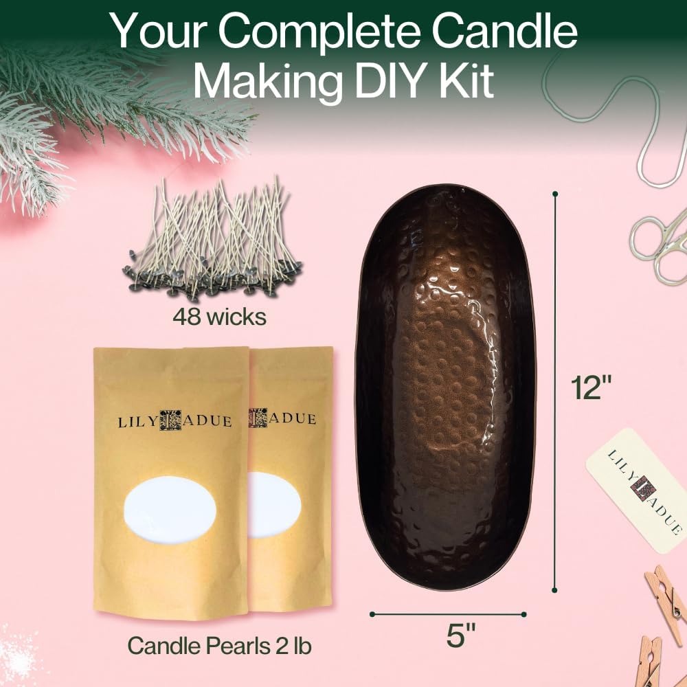 LILY LADUE Candle Refill Kit - 2Lb/32Oz Pearled Candles Sand and Wicks (48) and Hammered Bronze Holder, Reusable Unique Sand Candles with Wicks for Candle Making, Bulk Unscented Pearl Wax Beads