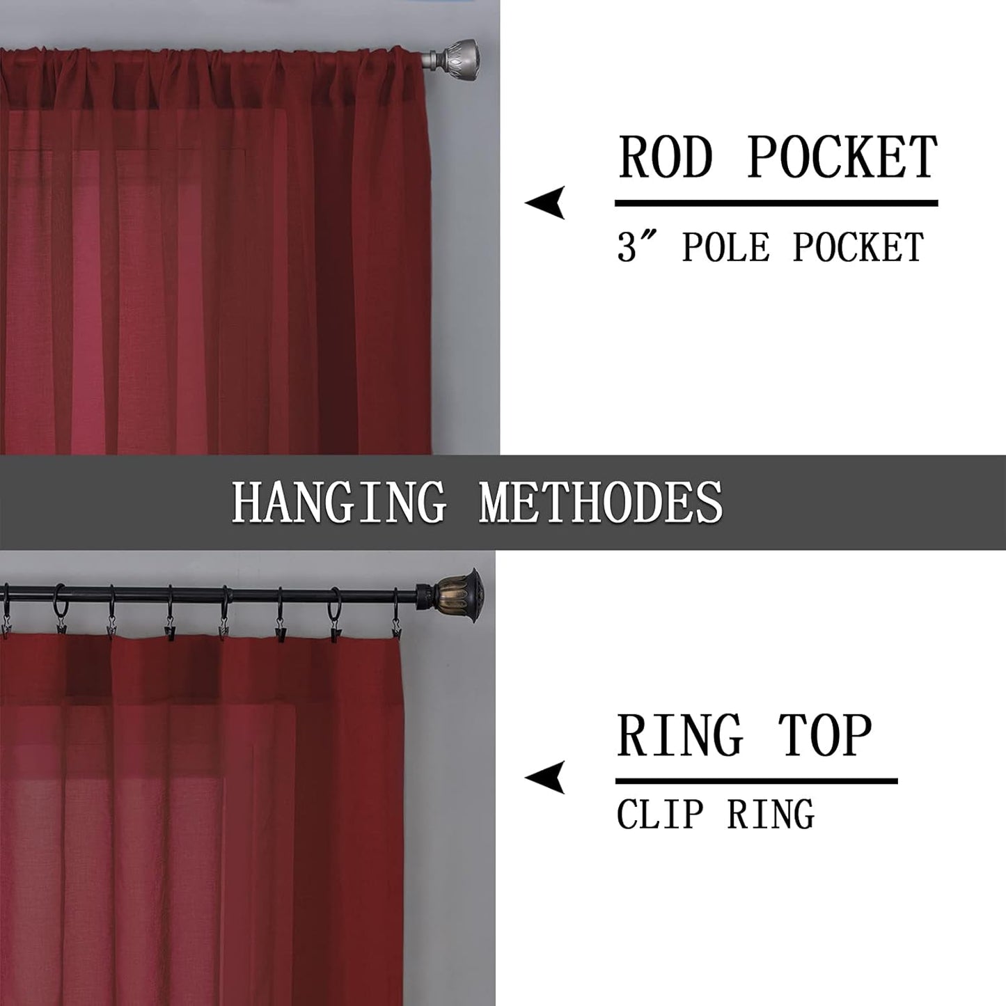 Tollpiz Sheer Curtains Bedroom Linen Textured Curtain Sheers Light Filtering Voile Rod Pocket Curtains for Living Room, 38 x 84 inches Long, Burgundy Red, Set of 2 Panels