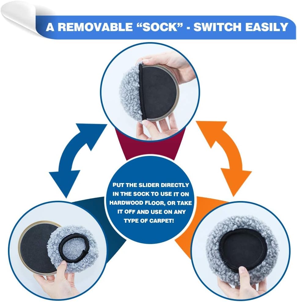 Furniture Sliders Multi-Surface 2-in-1 Reusable Moving Pads for All Floor Types - 8 Pack 5" Carpet Sliders and 8 Hardwood Socks - Protect Floor and Easier to Move Your Furniture