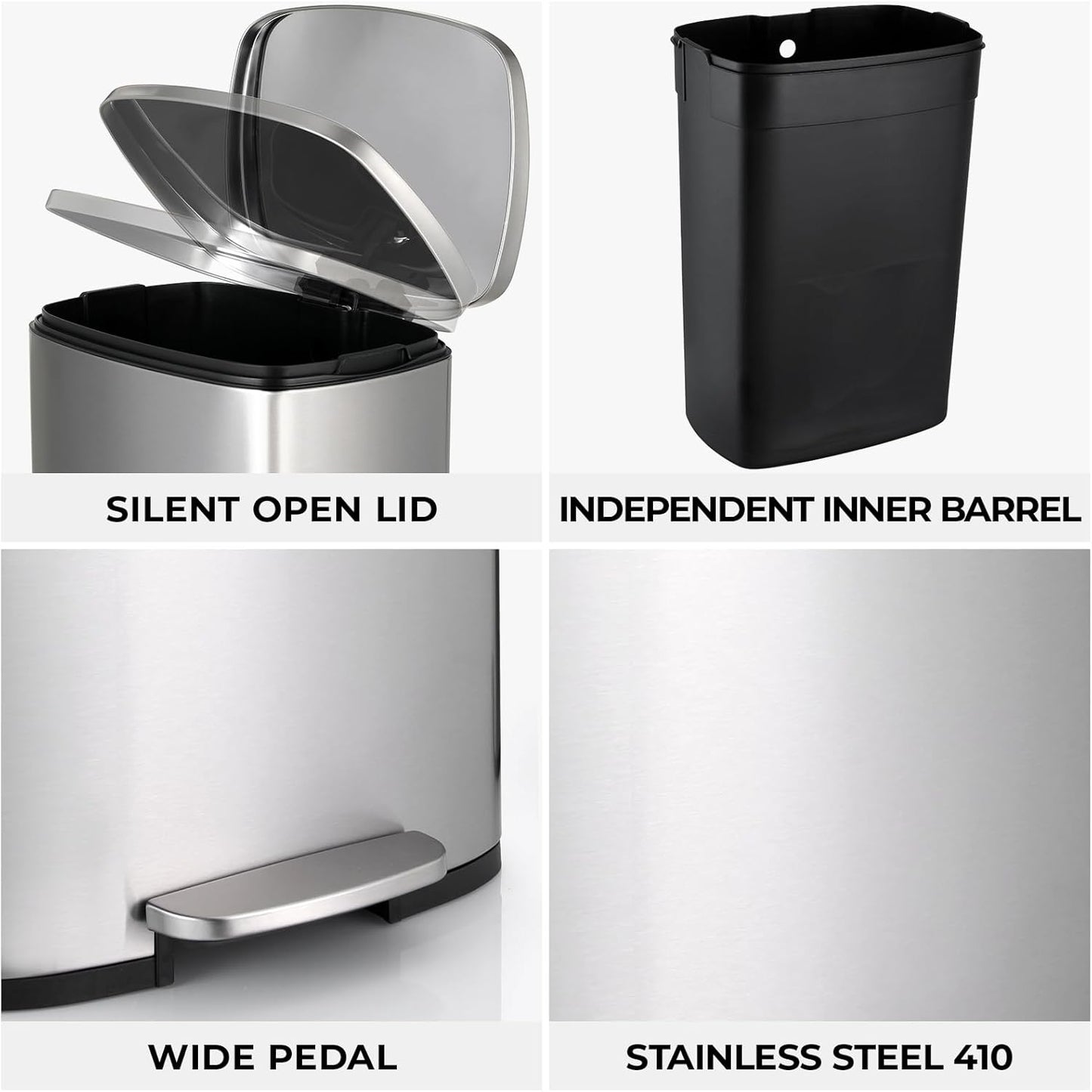 13.2 Gal Kitchen Trash Can, 50L Recycling or Garbage Bin, Brushed Stainless Steel Waste Basket, Soft&Quiet Close Dustbin, with Step-On Pedal, Removable Inner Bucket, for Home, Office, LIving Room