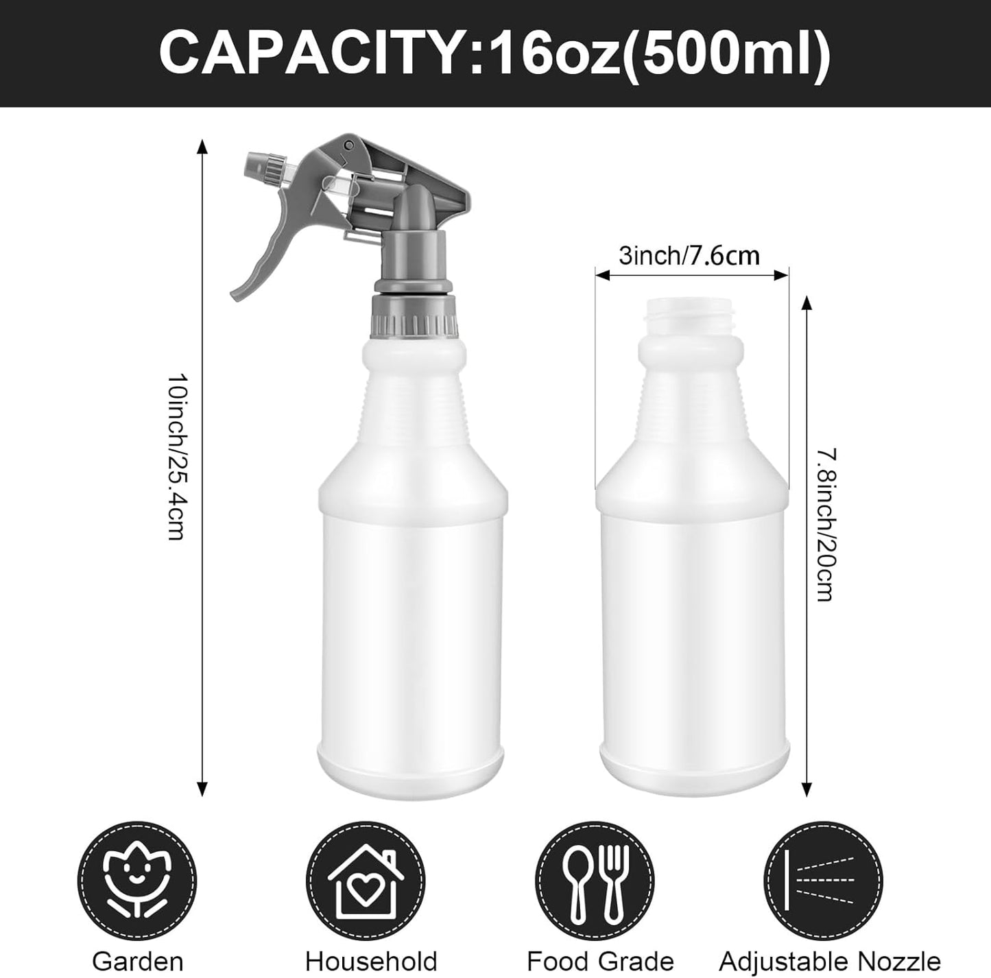 Eccliy 12 Pcs 16 Oz Plastic Spray Bottle, Adjustable Empty Reusable Sprayer for Cleaning, Planting, Water, Bathroom and Kitchen, BBQ, Commercial and Residential(Grey, Original)