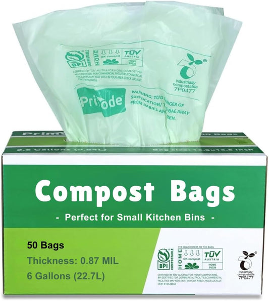 Primode Compostable Bags 6 Gallon Food Scraps Yard Waste Bags, 50 Count, Extra Thick 0.87 Mil. ASTMD6400 Compost Bags Small Kitchen Trash Bags, Certified By BPI And TÜV AUSTRIA