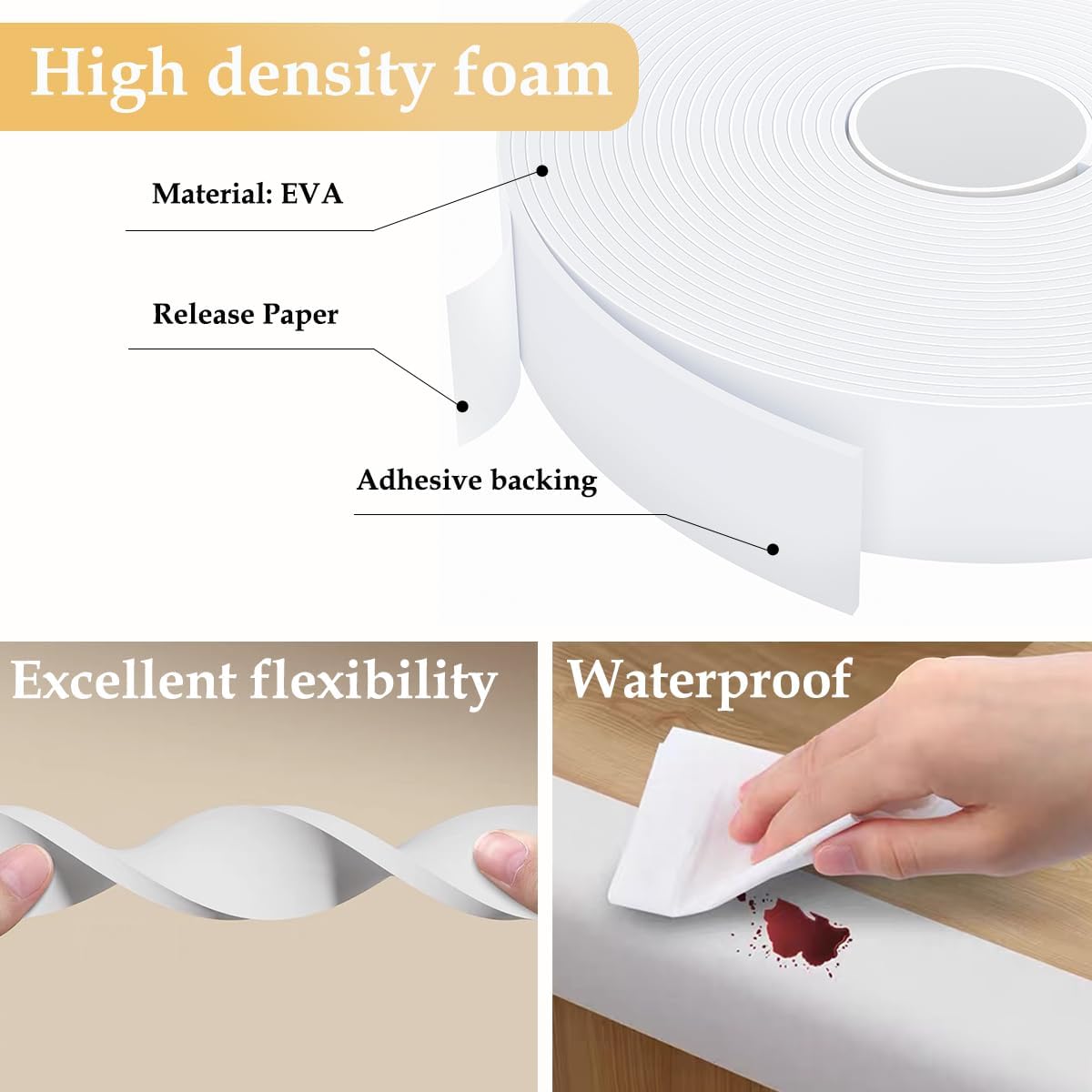 Weather Stripping Door Seal White,Self Adhesive Foam Tape High Density Foam Sealing Strip,Air Conditioner Window Seal,Soundproof Tape Roll(1" W X 1/13" T X 33' L)