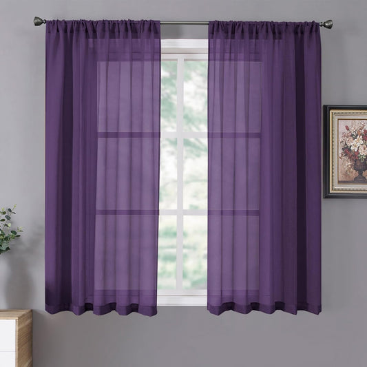 Tollpiz Sheer Curtains Living Room Linen Textured Curtain Sheers Light Filtering Voile Rod Pocket Curtains for Bedroom, 38 x 63 inches Long, Royal Purple, Set of 2 Panels