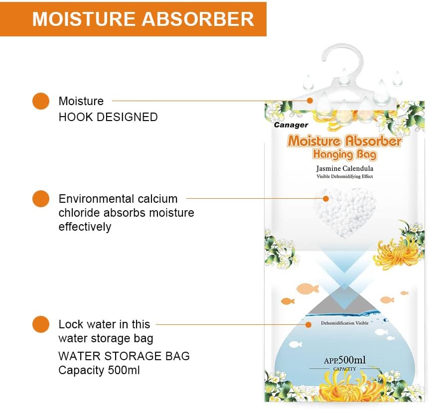 CANAGER Hanging Moisture Absorber, Jasmine Calendula Moistureproof Hanging Bag，Dehumidifier Bag (8 packs) Hanging Closet Dehumidifier Bags, Moisture Absorb 12.5 oz