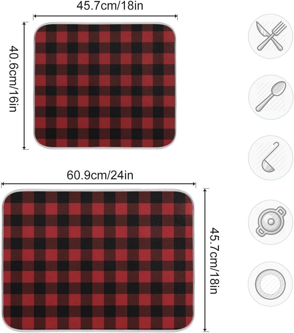 Red and Black Buffalo Plaid Dish Drying Mat 18x24 for Kitchen Merry Christmas Winter Xmas Dishes Pad Dish Drainer Rack Mats Absorbent Fast Dry Kitchen Accessories