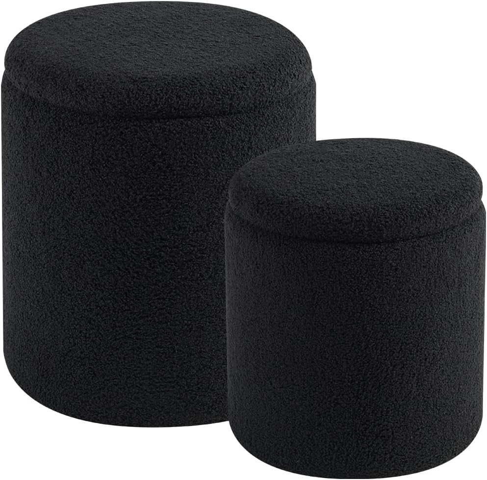 Round Ottoman with Storage Set of 2-Upholstered Sherpa Vanity Stool for Makeup Multifunctional Ottomans Coffee Table Padded Seat Foot Rest for Living Room&Bedroom(Sherpa, Black)