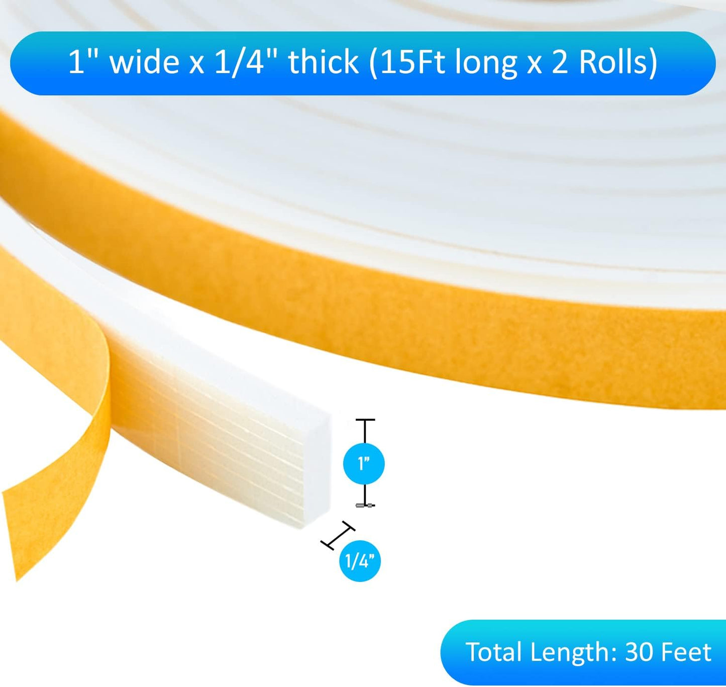 High Density Foam Weather Stripping Door Seal Strip Insulation Tape Roll for Insulating Door Frame, Window, Air Conditioner | Self Adhesive Sealing Weatherstrip (White, 1 in x 1/4 in x 30 Ft)