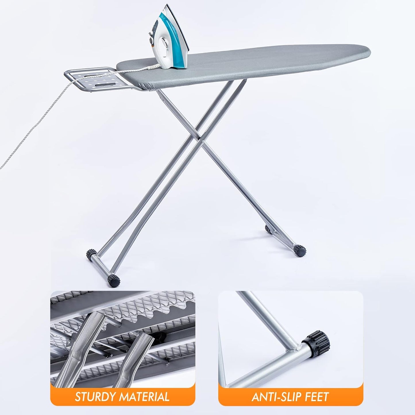 Ironing Board, Heat Resistant Cover Iron Board with Steam Rest, Non-Slip Foldable Ironing Stand. Heavy Sturdy Metal Frame Legs Iron Stand(13 * 34 * 53 Inches) (Silver Gray)