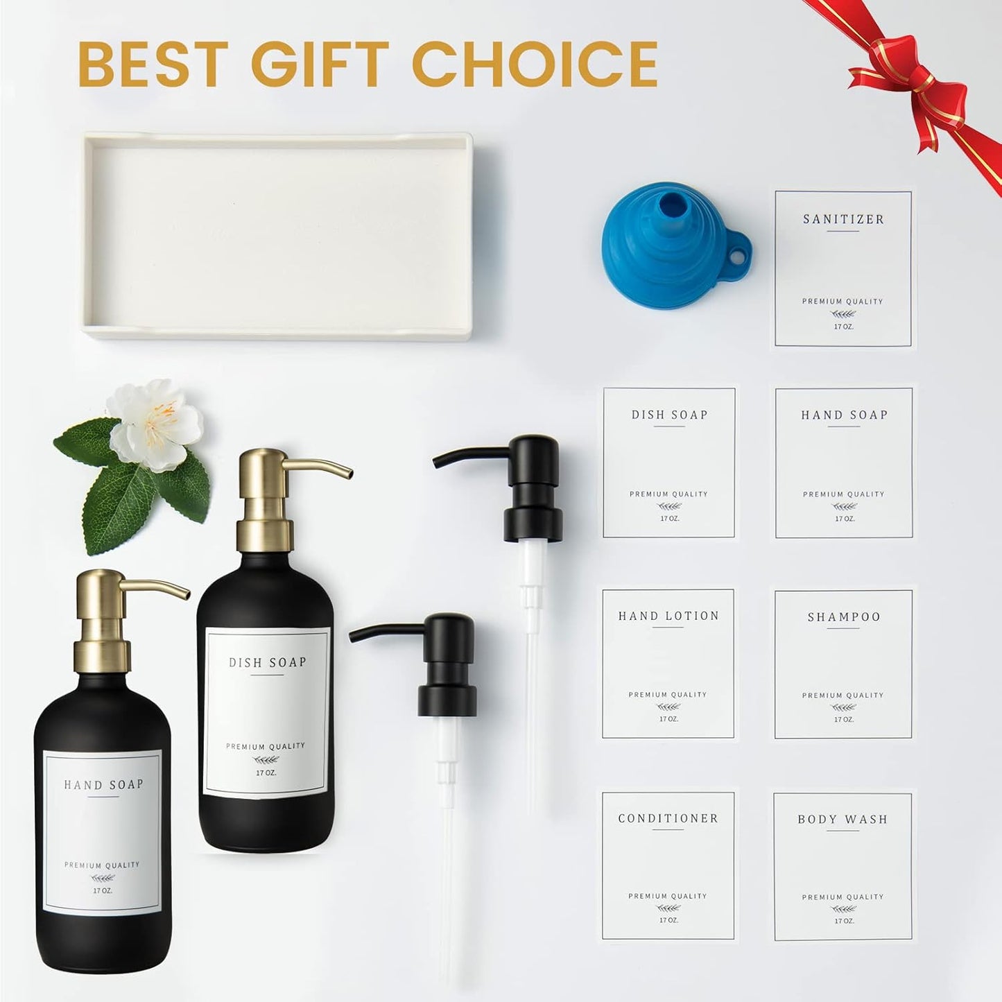 Glass Soap Dispenser for Kitchen Sink,Farmhouse Dish Soap Dispenser&Hand Soap Dispenser Set,Rustproof Pump Lotion Dispenser Bathroom with Tray,Waterproof Label for Kitchen Decor(Black