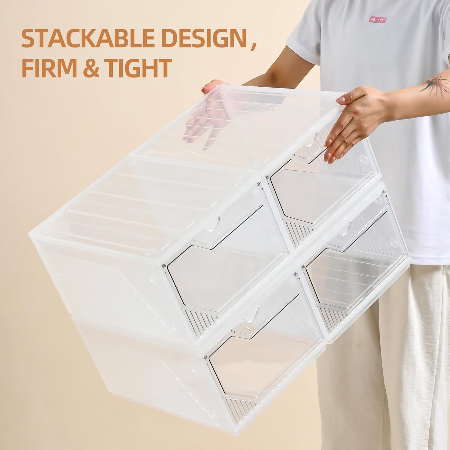 Modular XX-Large Shoe Organizer,Shoe Storage Organizer,10 Pack Shoe Box Clear Plastic Stackable,Drop Front Shoe Box with magnetic Door, Containers For Sneaker,Fit up to US Size 15