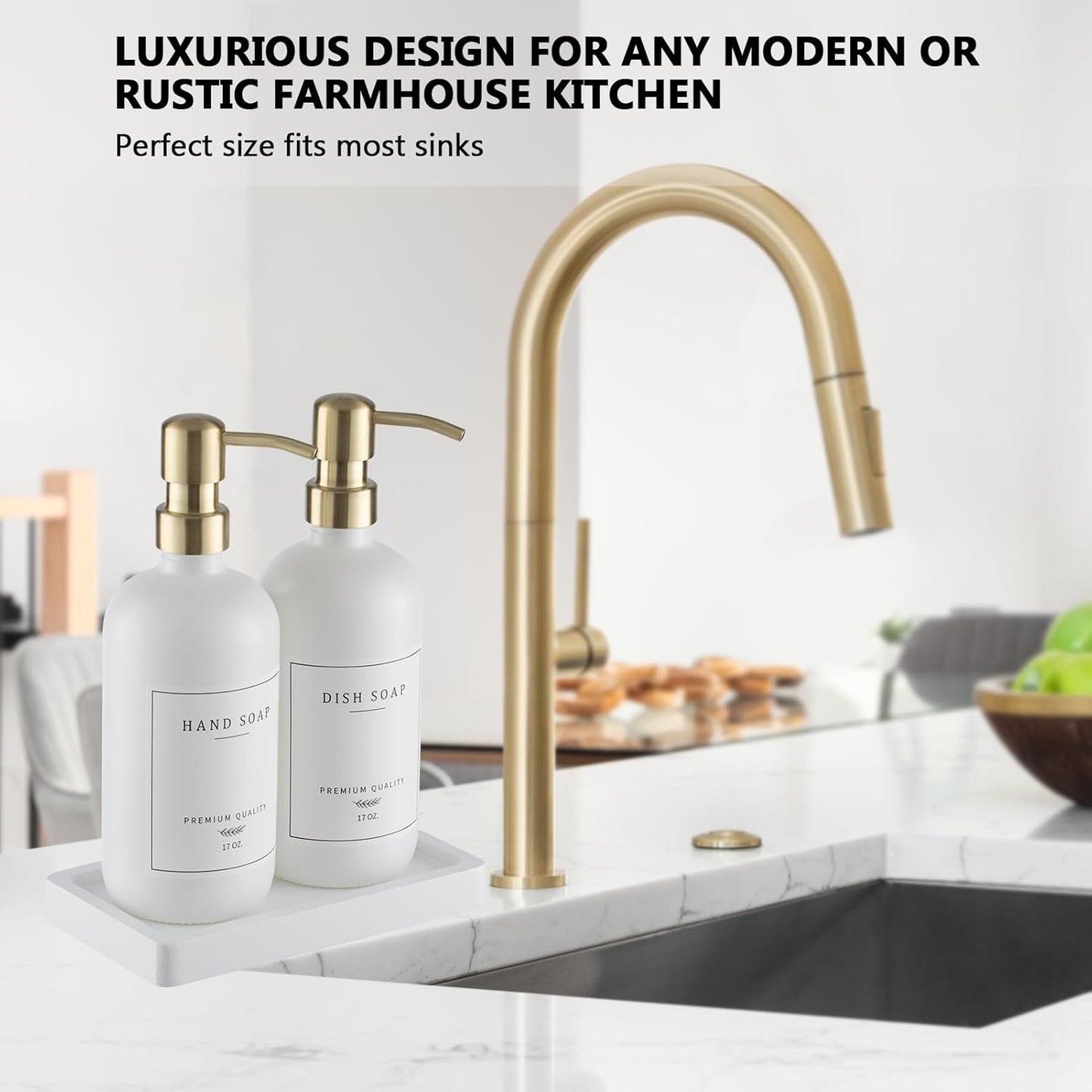 Thick Glass Soap Dispenser - Kitchen Dish Hand Soap Dispenser Set,Rustproof Pump Soap Lotion Dispenser Bathroom with Tray,14 Stickers for Kitchen Decor White Bottle/Gold Pump