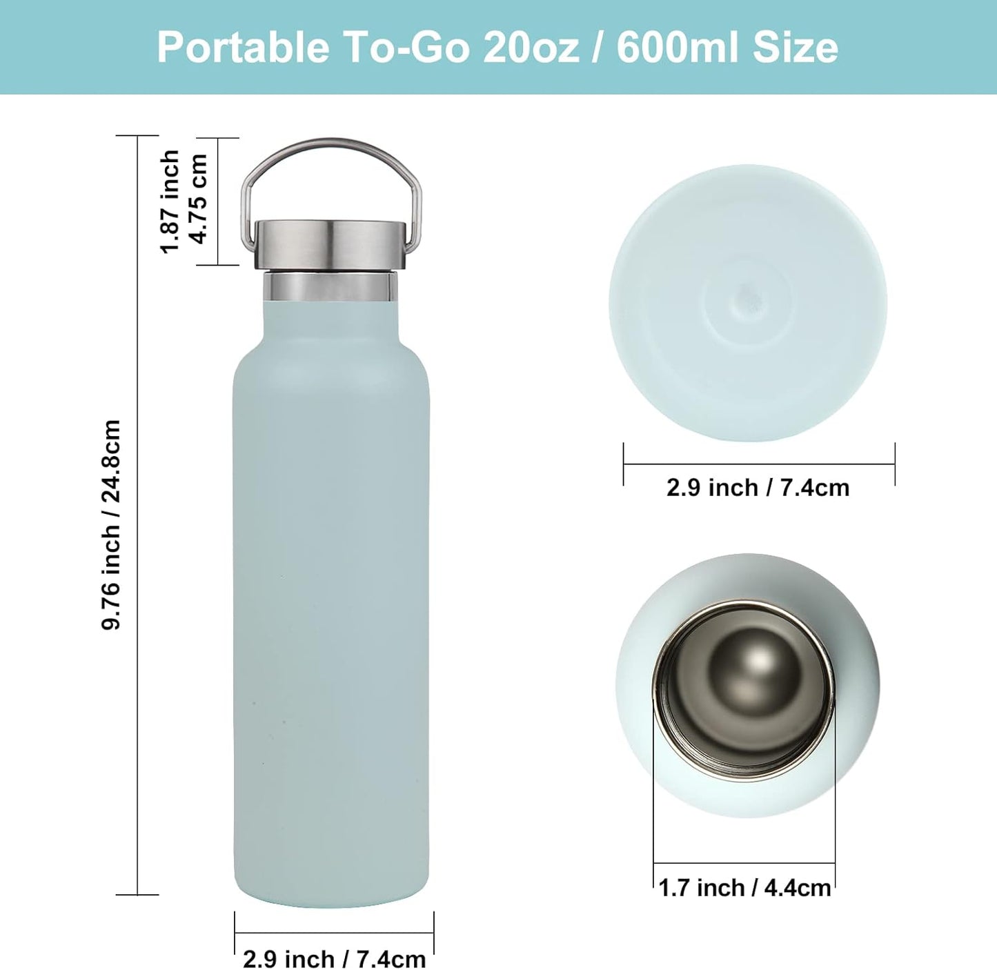 Neihepal 20 oz Insulated Water Bottles Bulk 4 Pack,Stainless Steel Double Wall Sport Bottle with Lid of Handle,Metal Reusable Thermoses Flask with Cup Cap for School,Hikers,Gift (Fog,Set of 4)