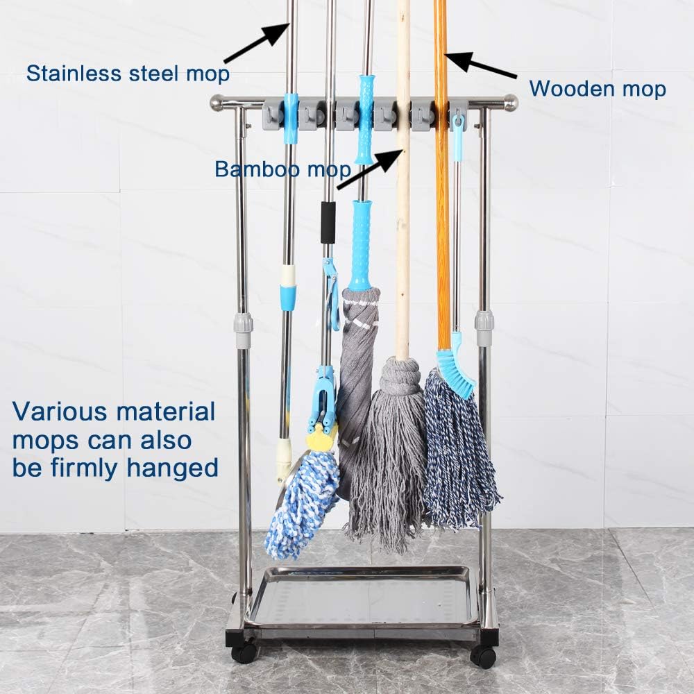 movable mop broom holder put wet mops floor standing cleaning tool rack stainless for schools, hospitals, factories, hotels, restaurant, etc.