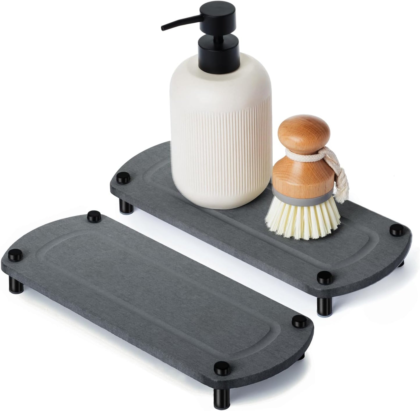 2PCS Instant Dry Sink Caddy Organizer, Fast Drying Sponge and Soap Dispenser Holder for Kitchen and Bathroom Countertop, Stainless Steel Feet, and Non Slip Bottom Dark Gray