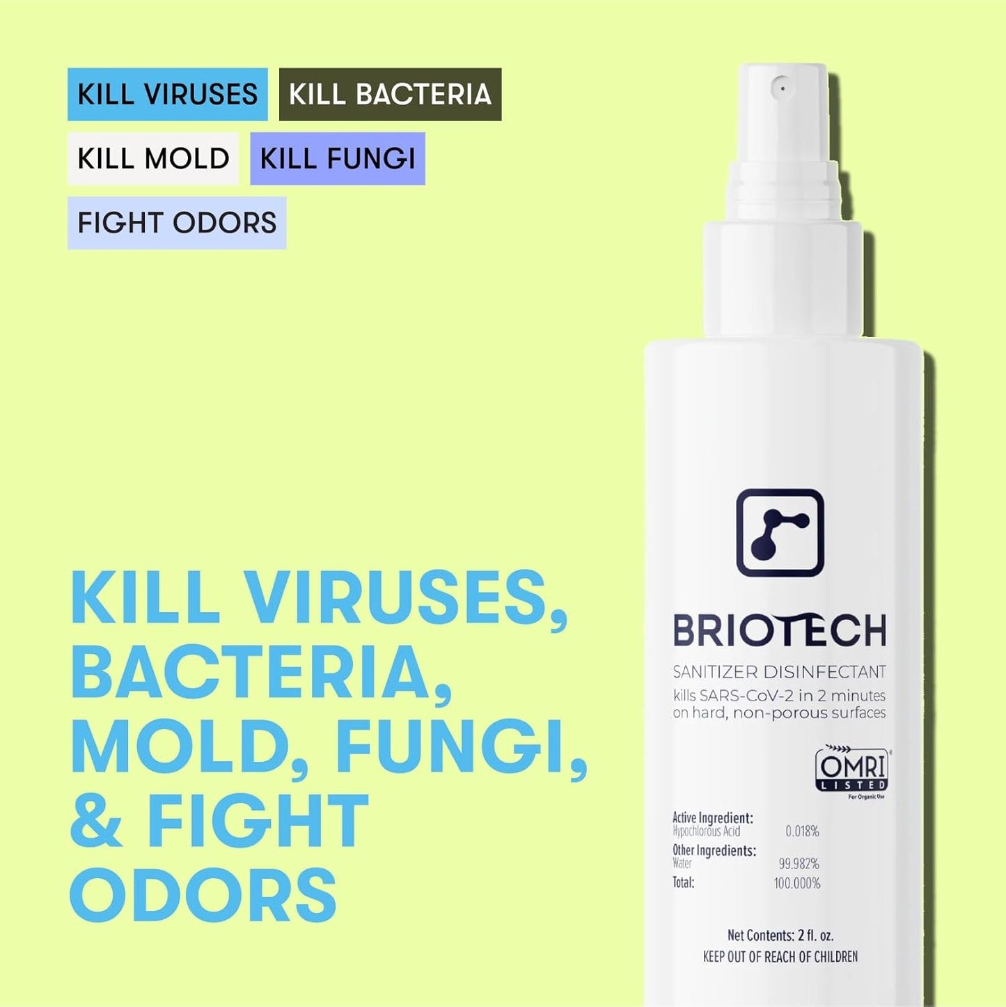 BRIOTECH Sanitizer Disinfectant Hypochlorous Spray, Kills 99.99% of Viruses & Bacteria, Eliminates Odor, Gentle for Nurseries & Play Rooms, Rinse Free Surface Sanitizer, 32 fl oz (Pack of 2)