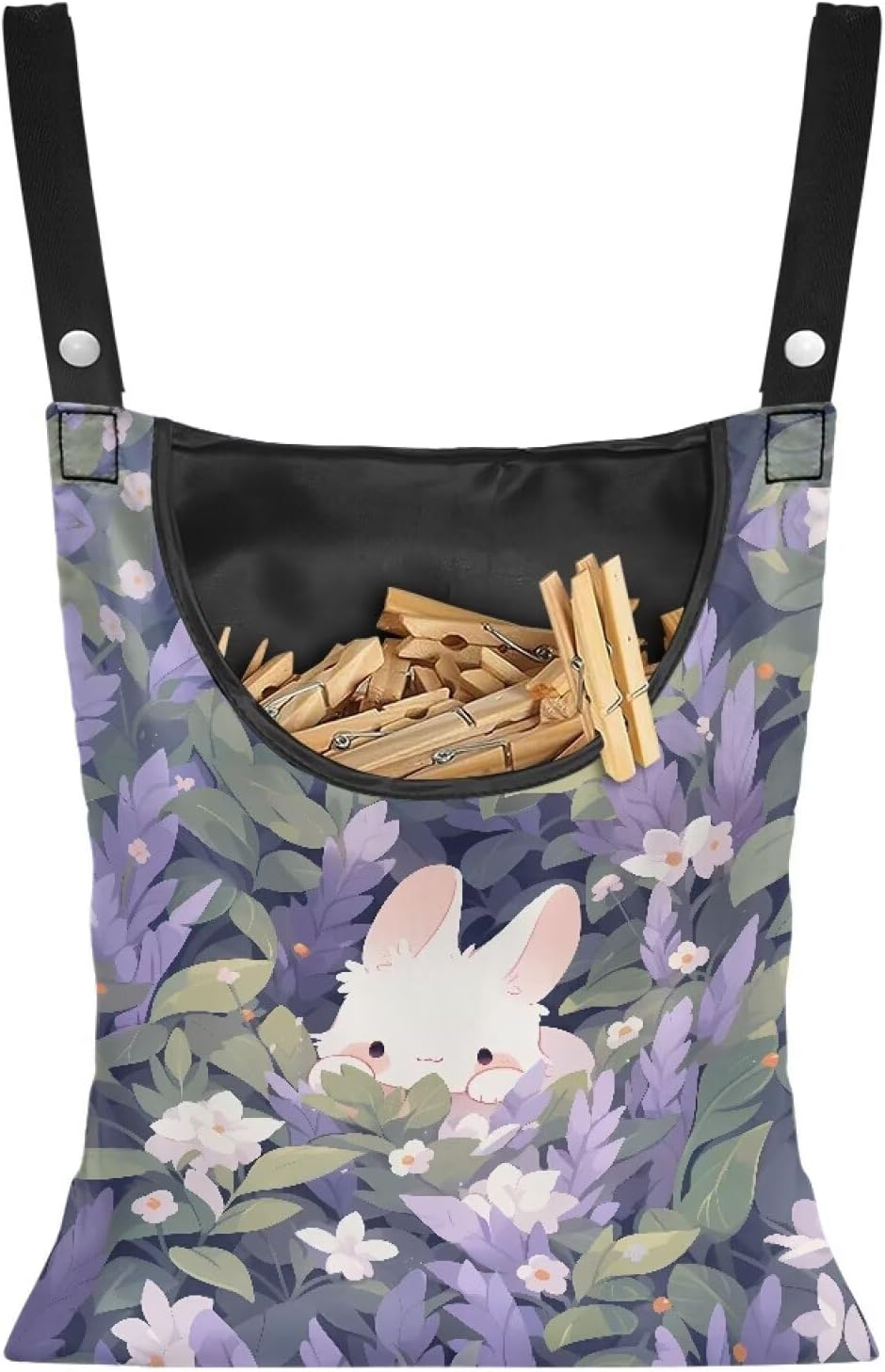 Clothespin Bag for Clothes Pin Holder for Outside and Clothes Line Pins, Clothes Pin Hanging Bag Fits Outdoor Laundry Clothesline - Rabbit and Floral