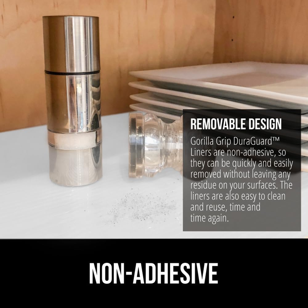 GORILLA GRIP DuraGuard Shelf Liner, Non-Adhesive Cabinet Liners for Kitchen Drawers, Shelves, Refrigerator, Pantry Storage, Bathroom Closet, Durable Waterproof BPA Free Ribbed Plastic, 20x10 White