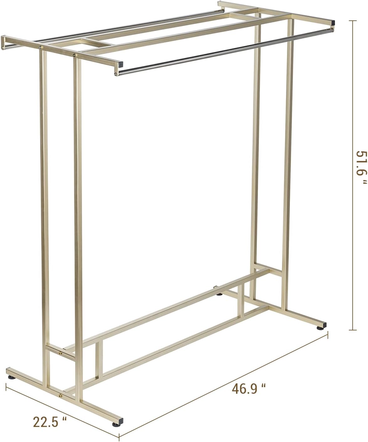 MyGift 4ft Tall Brass Tone Stainless Steel Freestanding Garment Rack, Heavy Duty Double Rod Clothes Closet Stand, Coat Dress Clothing Storage Display Shelf