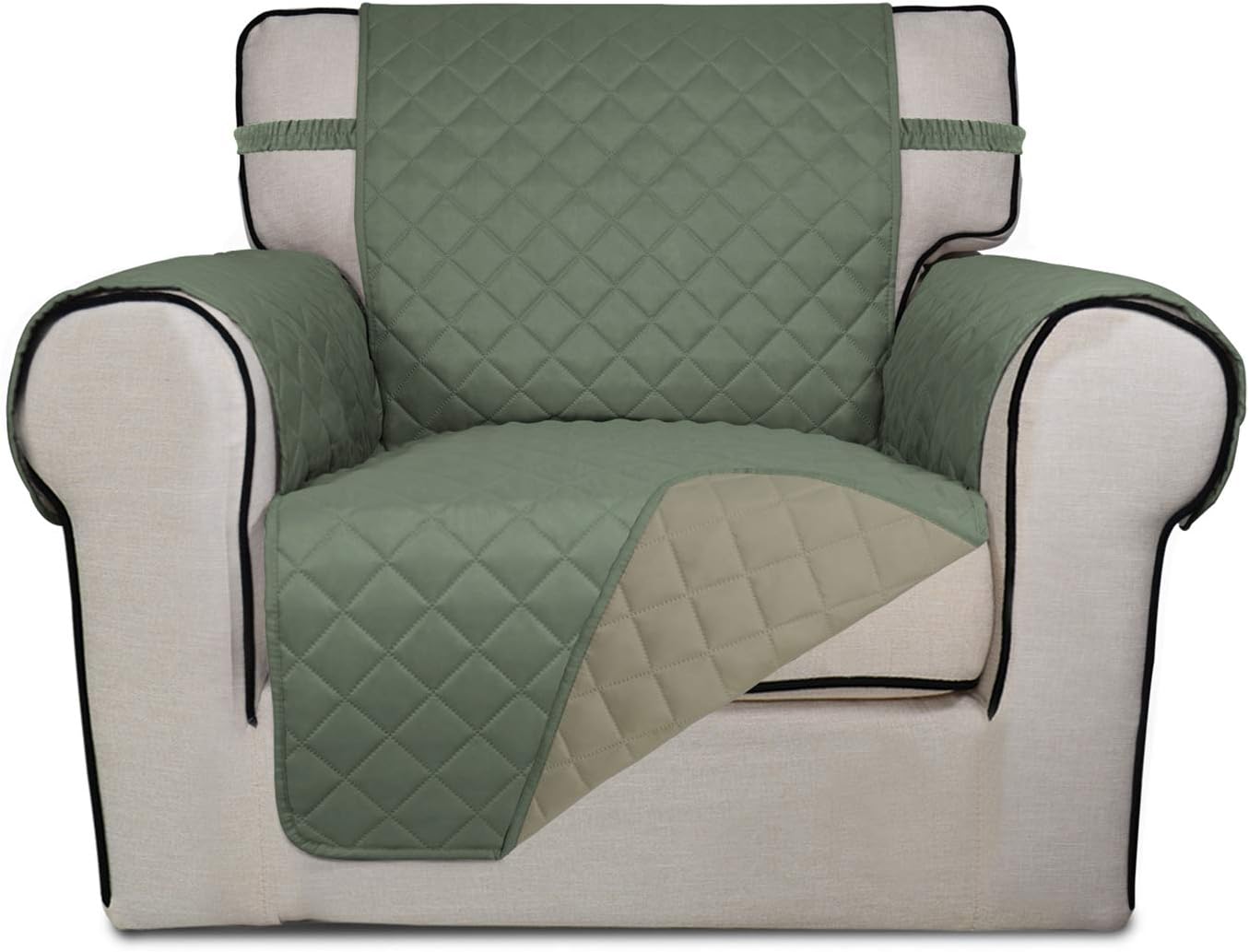 PureFit Reversible Quilted Sofa Cover, Water Resistant Slipcover Furniture Protector, Washable Couch Cover with Non Slip and Elastic Straps for Kids, Dogs, Pets (Chair, Greyish Green/Beige)