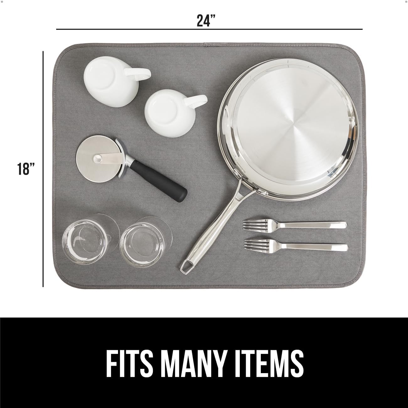 GORILLA GRIP Ultra Water Absorbent Microfiber Dish Drying Mat, 18x24, Quick Dry Thick Mesh, Slip Resistant Pad for Sink Dishes or Under Rack, Kitchen Counter Accessories, Machine Wash, 2 Pack Gray