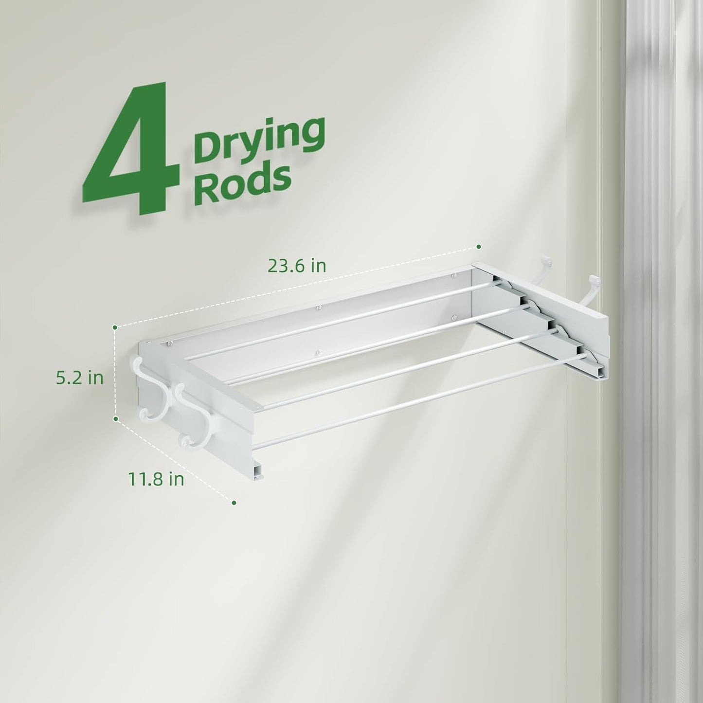 Wall Mounted Clothes Drying Rack for Laundry 23.6", Folding Clothes Drying Rack with 4 Towel Hooks and 4 Rods for Hanging Coat Dedicates, Space Saving for Bedroom Bathroom Balcony Living Room (23.6'')