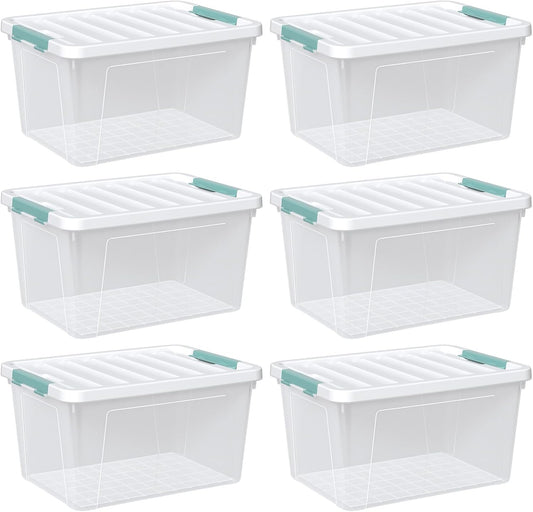 Zopnny 6-Pack 35 Quart Plastic Latch Storage Box with Lid, Stackable Latching Storage Bin, Clear