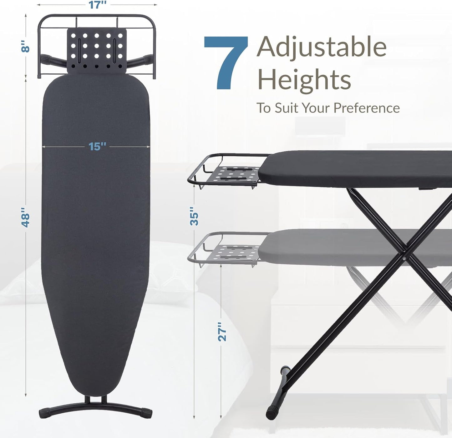 Ironing Board 48" x 15" with Retractable Iron Rest, RAINHOL Heavy Duty Full Size Iron Board, Sturdy Wide Frame with Thick Padding Cover, Height-Adjustable, Black