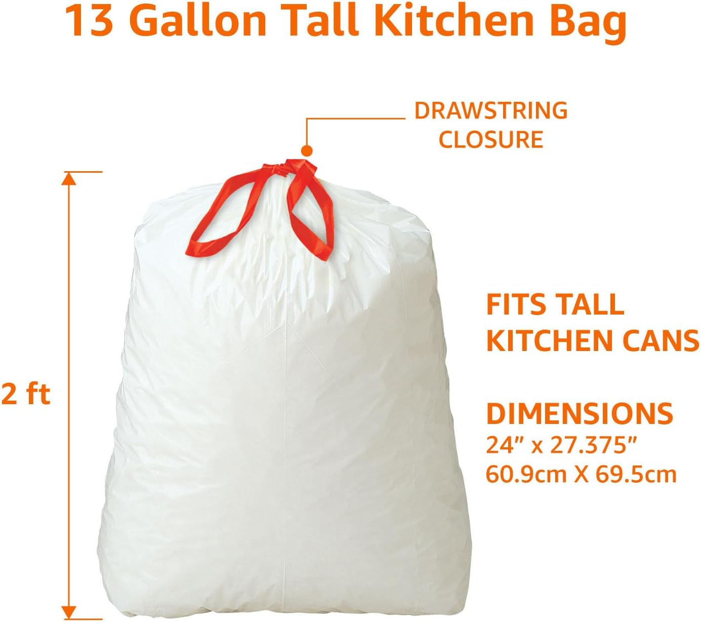 Amazon Basics 13 Gallon Tall Kitchen Drawstring Trash Bags, Unscented, 10% Post Consumer Recycled, 45 Count