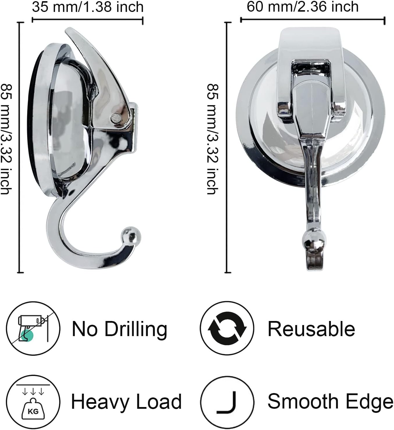 Heavy Duty Suction Cup Hooks for Shower, Bathroom Robe - Vacuum Glass Hooks, Reusable, No Hole Punched, for Garland Decoration (Silver, 2 Pack)