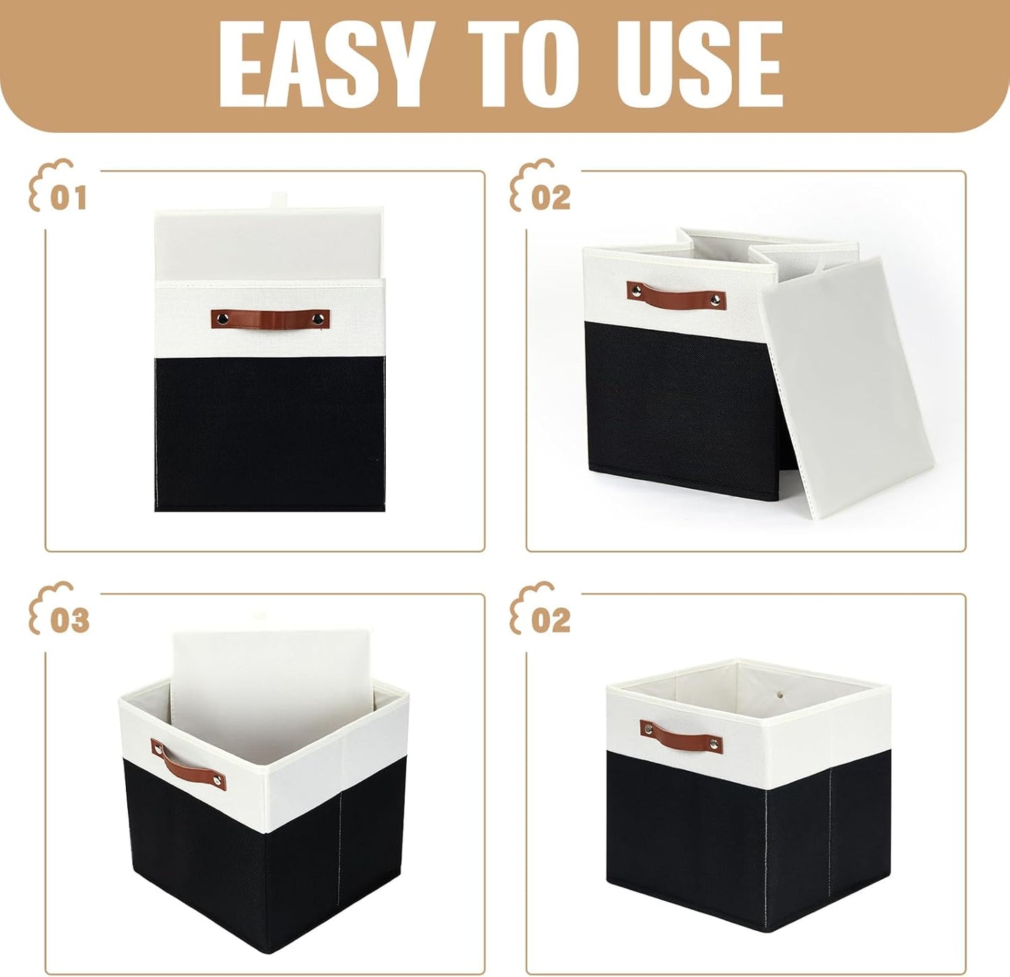 DULLEMELO Fabric Storage Bins for Shelves, Cube Storage Organizer Bins with PU Handles, Set of 4 Decorative Collapsible Storage Bins for Cube Storage,White&Black