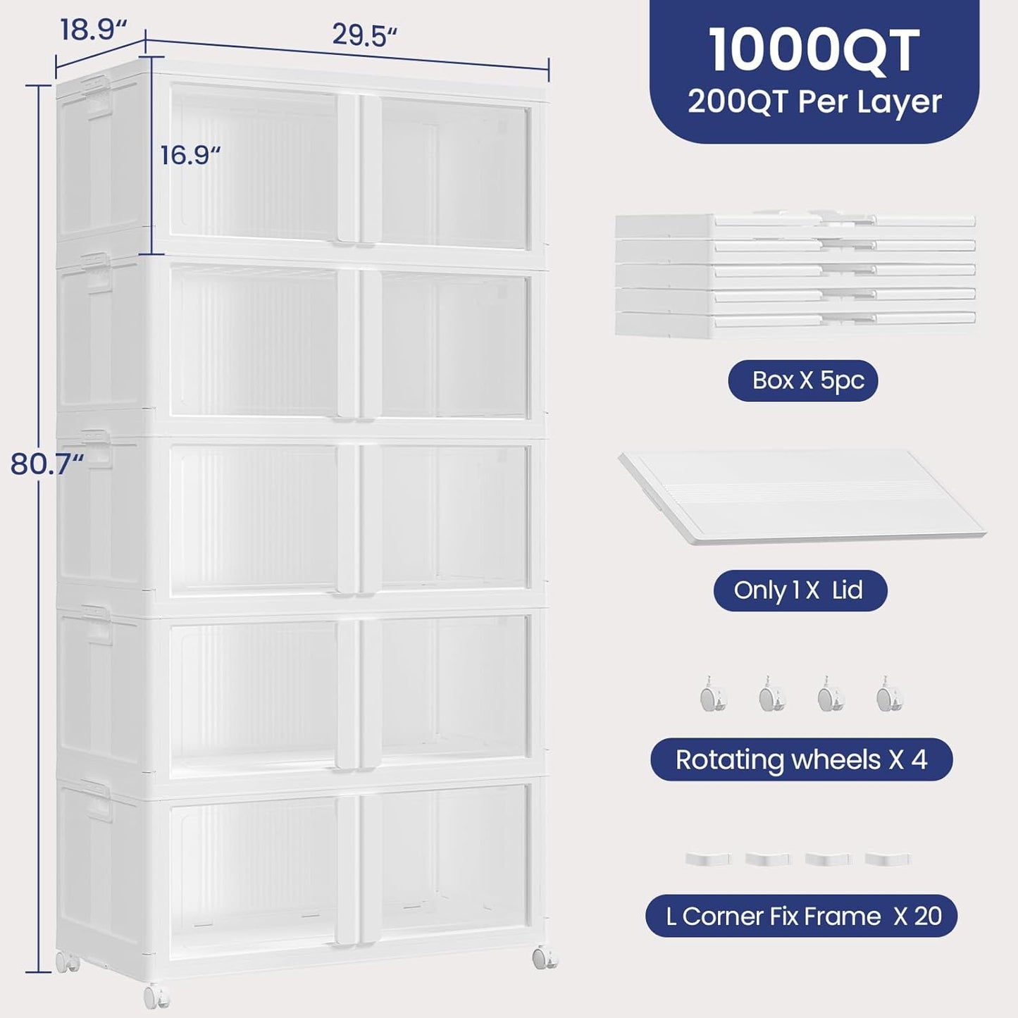1000Qt Stackable Storage Bins with Lid and Wheel, 250Gal Plastic Closet Organizer and Storage Drawer, Large Collapsible Storages Box Cabinet with Clear Door for Home Kitchen, 5Pack White