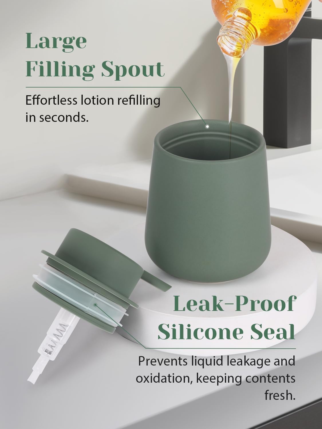 INGOFIN Ceramic Lotion Dispenser - 12oz Refillable Hand Soap Dispenser Bathroom, Modern Liquid Dispenser with Pump, Dish Dispenser for Kitchen, Matte Green