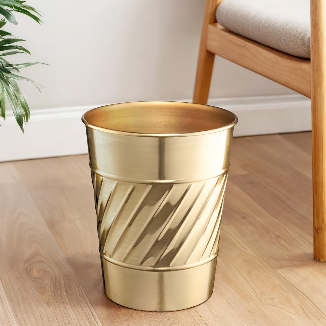 Monarch Abode Brushed Gold Handcrafted Wave Embossed Metal Wastebasket for Home Office, Decorative Waste Basket, Modern Bathroom Garbage Can, Durable & Decorative Trash Bin, Brushed Gold Trash Can