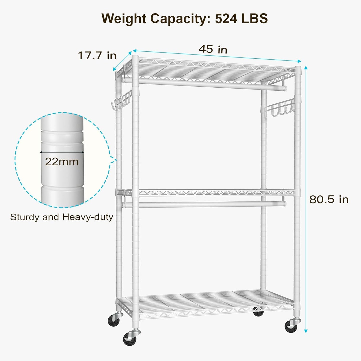 FUTASSI P1 Plus Rolling Clothes Rack, 22mm Diameter Heavy Duty Garment Rack with Wheels, Portable Closet Wardrobe with Double Rods, 45" W x 17.7" D x 80.5" H, Max Load 524 LBS, White