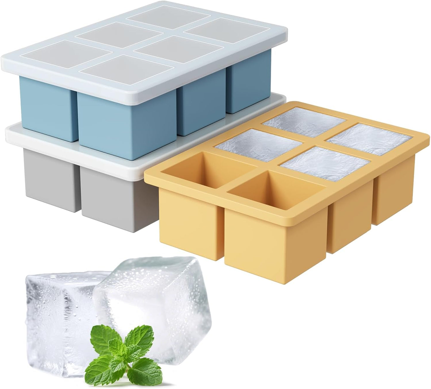Large Silicone Ice Cube Tray 3Pack, SAWNZC Big Square Ice Cube Molds for Whisky Cocktail, Ice Maker Tray with Lid for Freezer, Easy Release (3, Blue+Grey+Yellow)